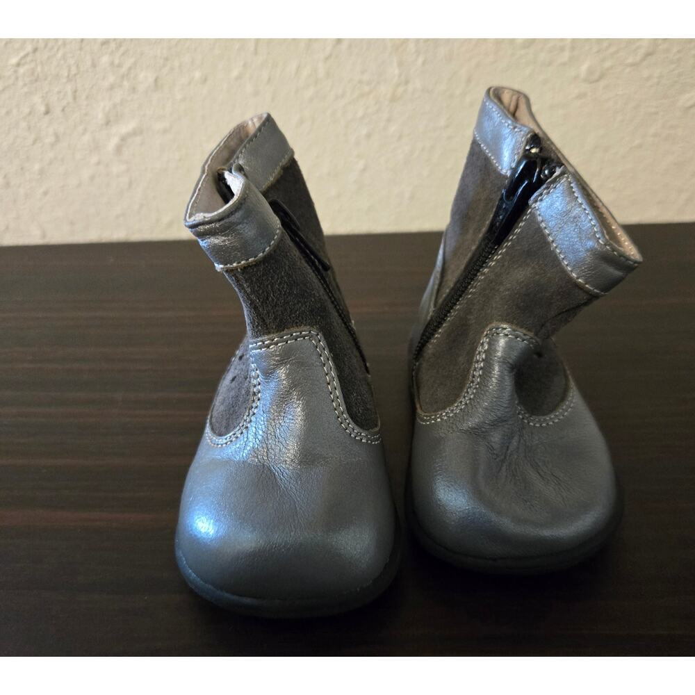 Gray leather and suede toddler boots by See Kai Run with side zippers